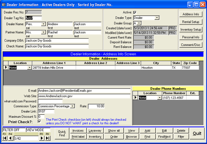 Dealer Information Screen