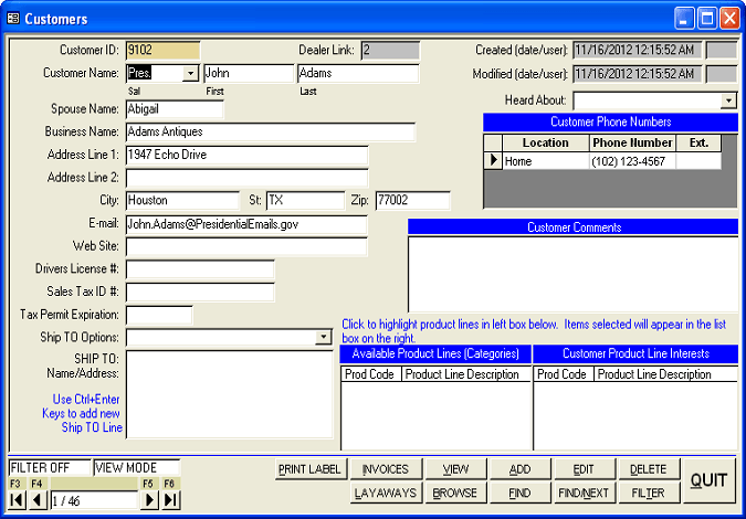 Customer Setup Screen