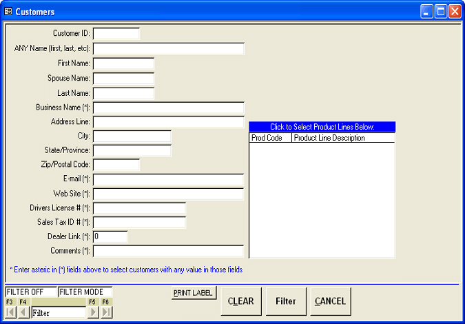 Customers Setup - Screen Filter Options