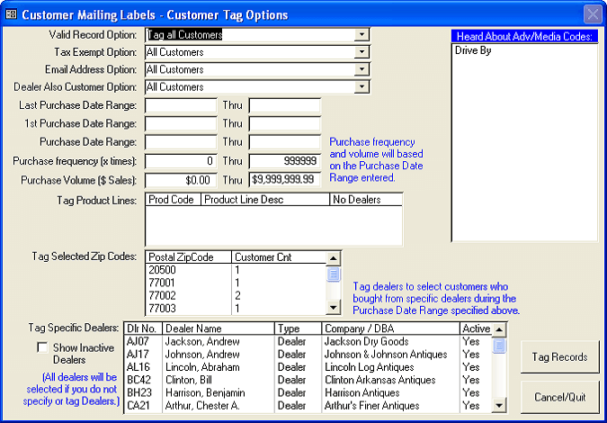 Customer Mailing Labels - Customer Tag Option