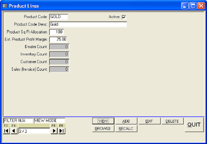 Product Lines Maintenance Screen