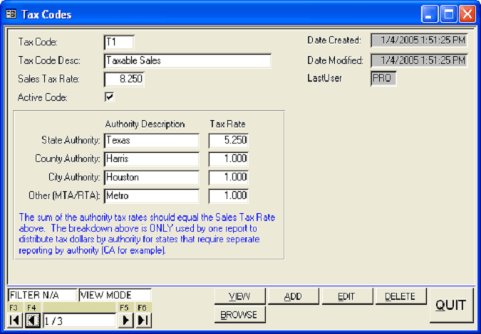 Tax Codes Screen