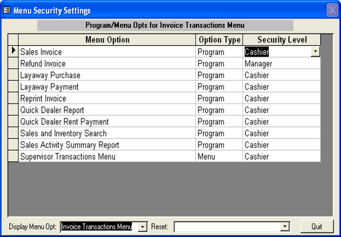 Program Menus Security Settings