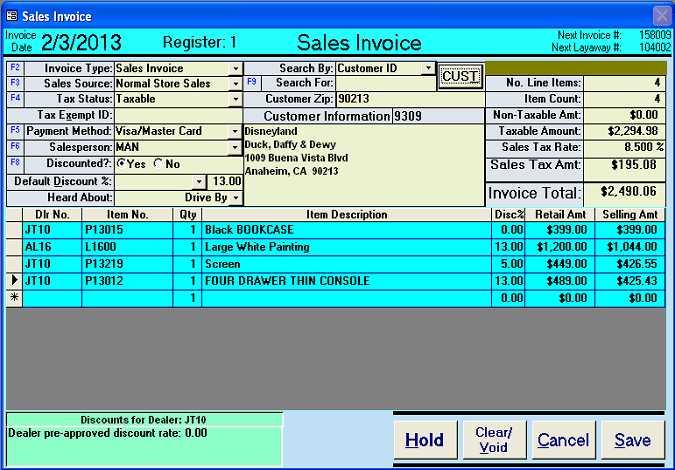 AMAS Sample Invoice Screen