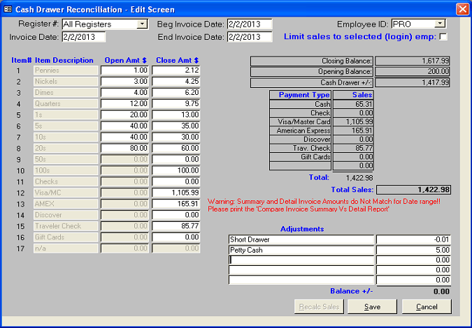 AMAS Cash Drawer Reconciliation Screen