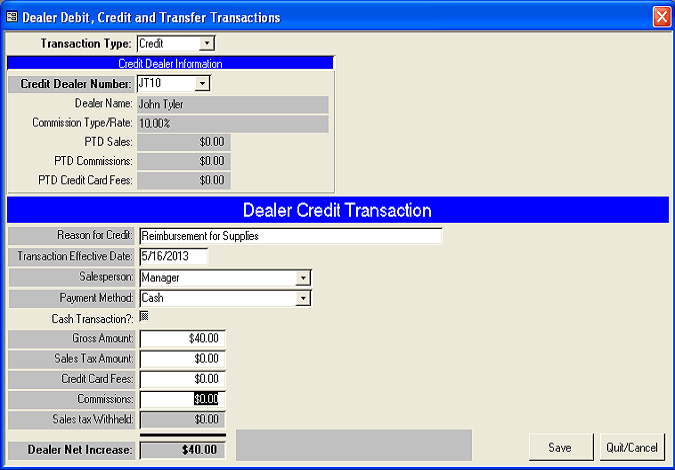 AMAS Dealer Debit Credit Screen