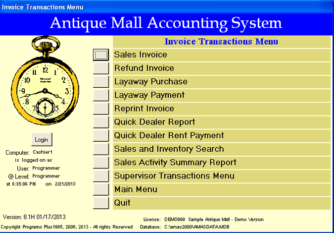 AMAS Invoice Transactions Menu