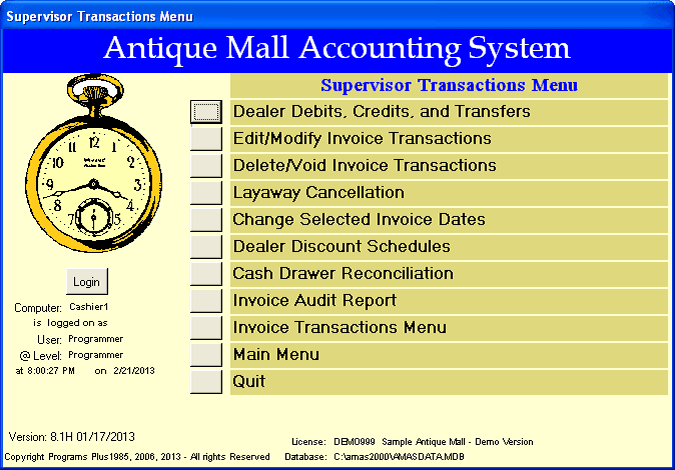 AMAS Supervisor Transaction Menu