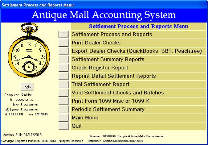 AMAS Settlement Process and Reports Menu