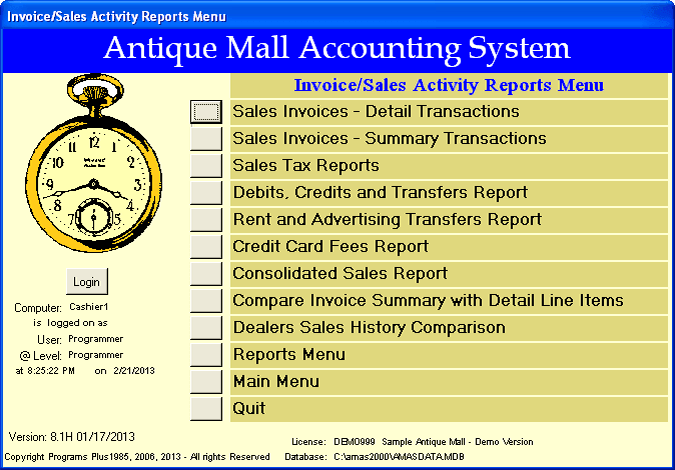 AMAS Invoice Sales Activity Reports Menu