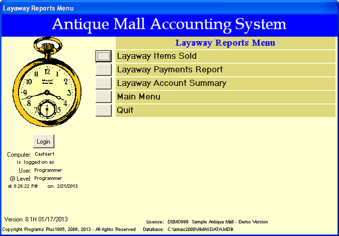 AMAS Layaway Reports Menu