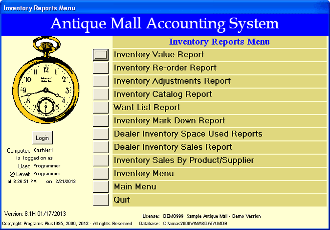 AMAS Inventory Reports Menu