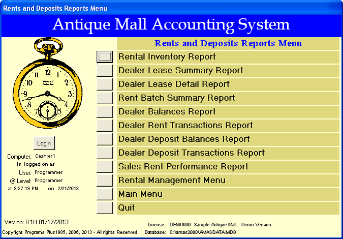 AMAS Rents and Deposits Reports Menu