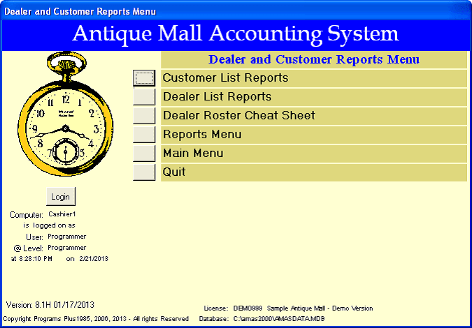 AMAS Dealer and Customer Reports Menu