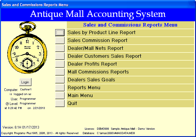 AMAS Sales and Commissions Reports Menu