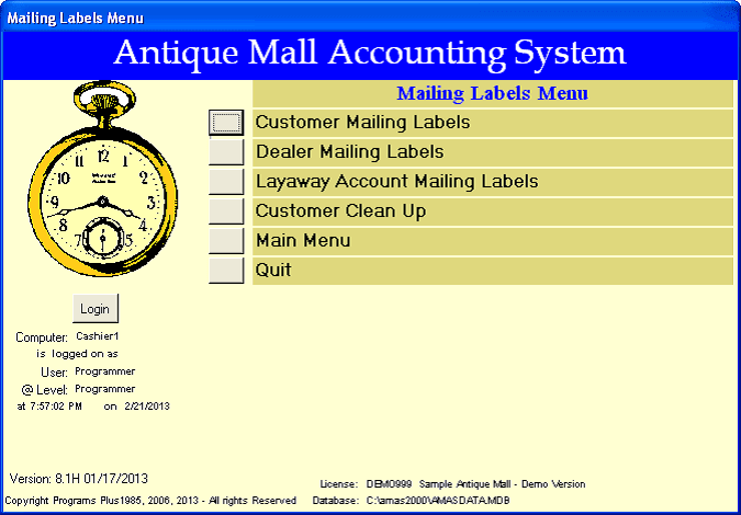 AMAS Mailing Labels Menu