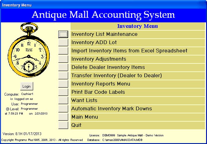 AMAS Inventory Menu