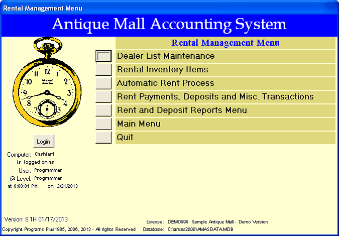 AMAS Rental Management Menu