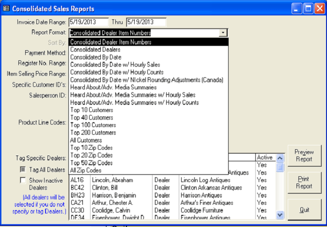 Consolidated Sales Reports - Report Format List