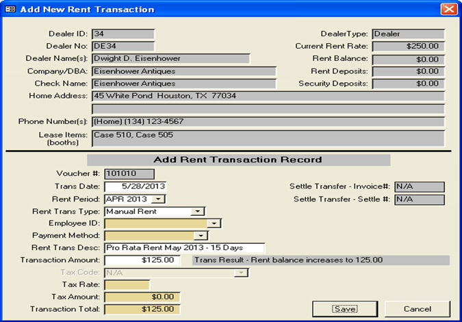 Rent And Deposit Transactions - Add Rent Transaction