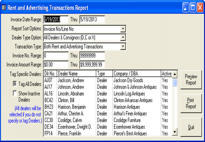 Rent and Advertising Transactions Report