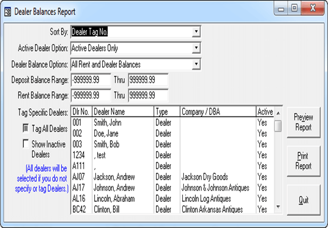 Dealer Rent Balances Report