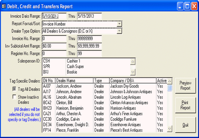 Debits Credits and Transfers Report