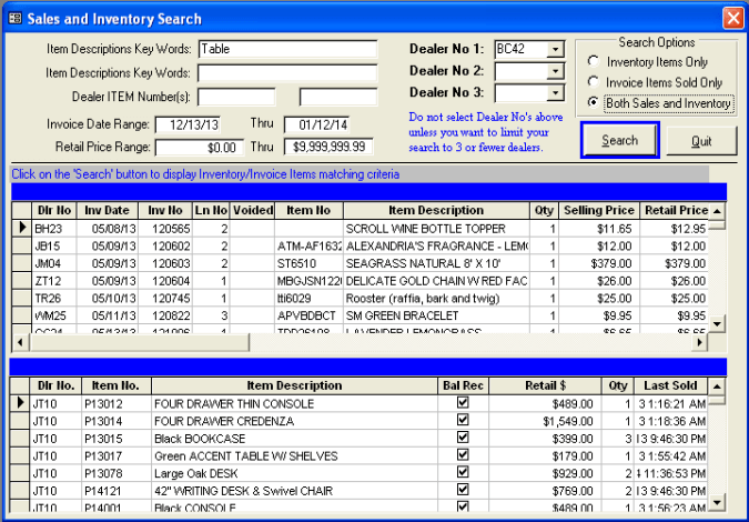 Sales and Inventory Search