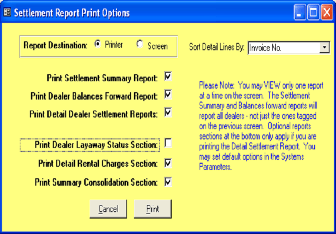 Dealer Settlement Reports Print-Options-Screen