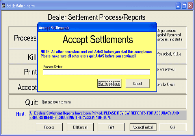 Dealer Settlement Reports Accept-Screen