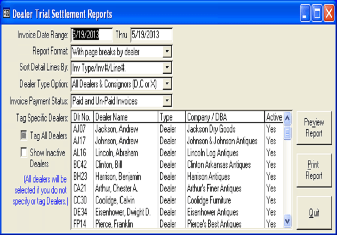 Dealer Trial Settlement Reports