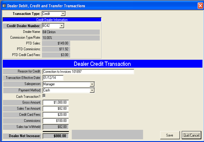 Dealer Debit Credit Transfer Transactions