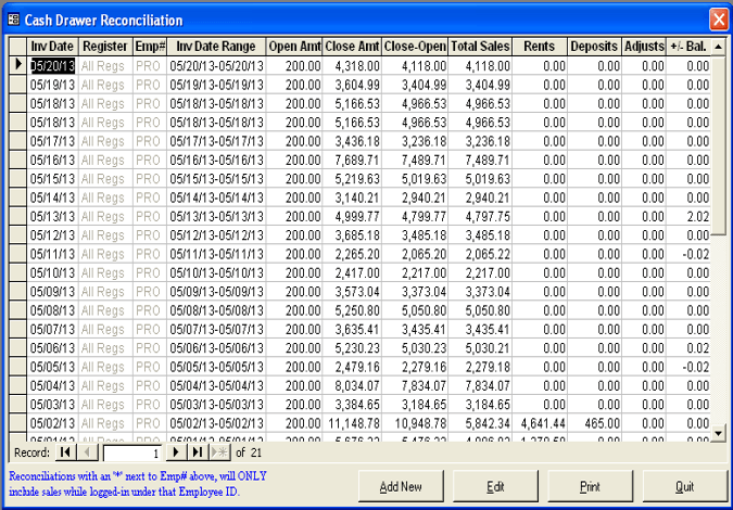 Cash Drawer Reconciliation List